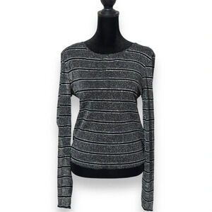 Stelen Sheer Horizontal Stripe Fitted Long Sleeve Black/Gray/Silver Sparkle Top